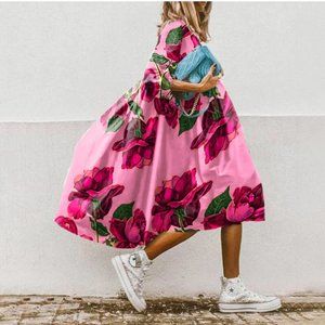 VChics Rose Printed Vacation Big Hem 3/4 Sleeve Midi Dress